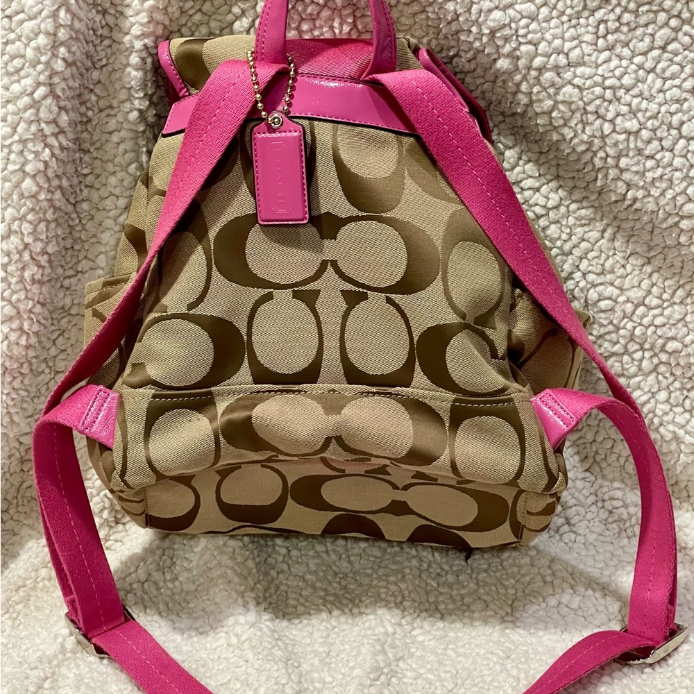 Y2K Coach Signature Canvas Backpack Brown Pink Trim C1361-F21928 Logo Flap - Picture 2 of 6